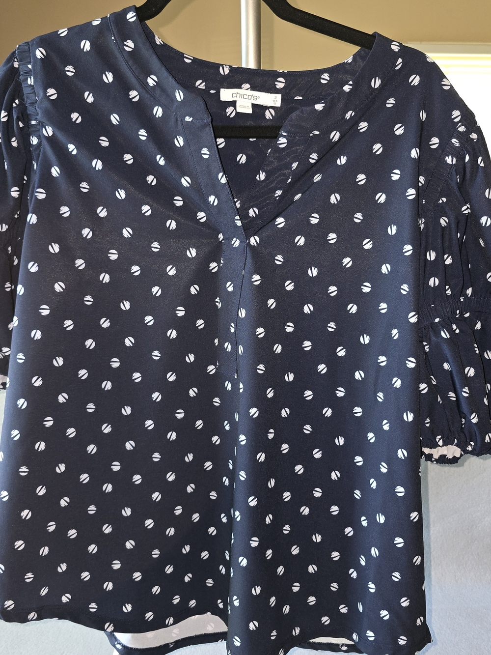 Chico's Navy and White Polka Dot Blouse